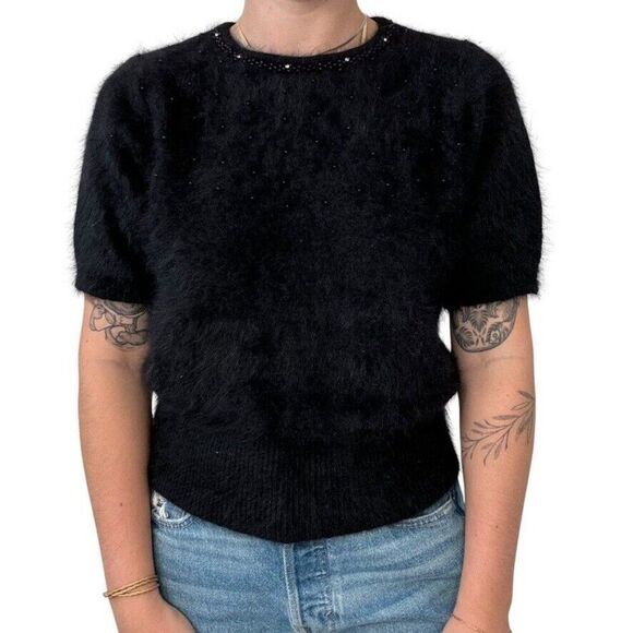 Vintage Womens Rosamela Black Angora Blend Fluffy Soft Short Sleeve Sweater Sz M - Picture 7 of 8